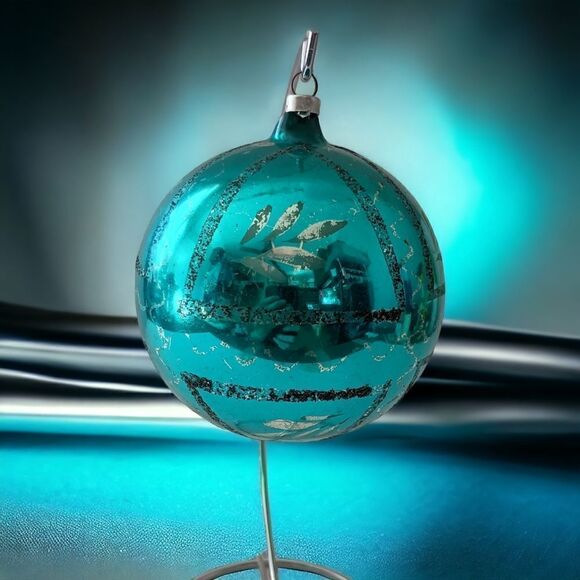 Mercury Glass Ball Ornament Blue West Germany LARGE Handblown 925 Silver Glitter - Picture 13 of 14